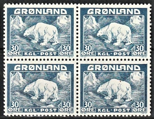 FRIMÆRKER GRØNLAND | 1938 - AFA 6 - Isbjørn - 30 øre blå i 4-blok - Postfrisk